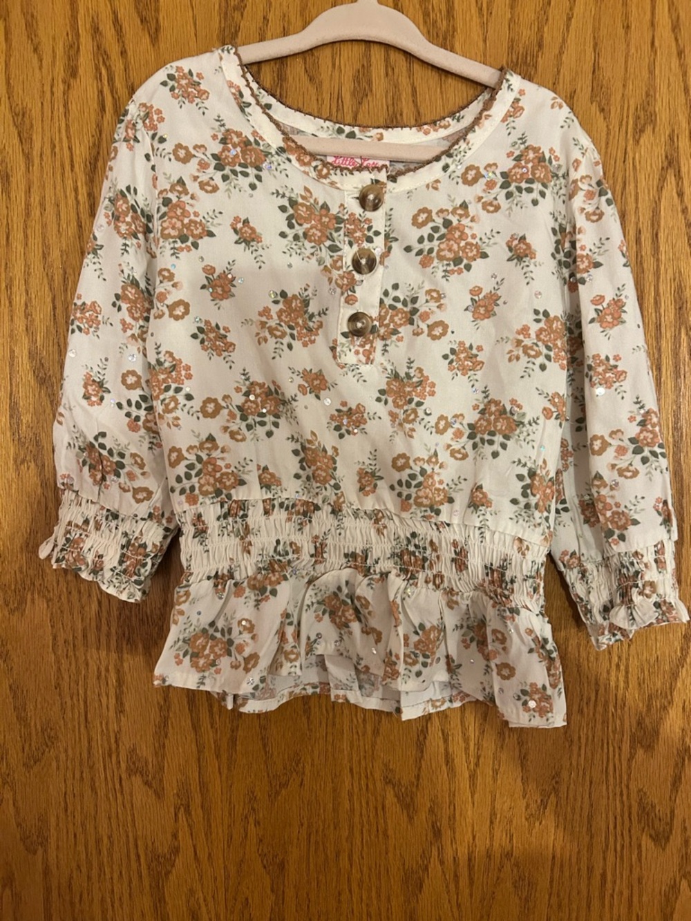Little Lass Cream Floral Ruffle Henley Top with Rust Accents